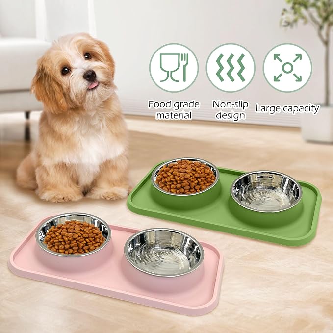 BNOSDM 2 Pcs Double Dog Food Bowls Stainless Steel Small Dog Food and Water Bowls with Non-Spill Plastic Mat Pet Cat Feeder Dish Set for Puppy Cats Kitten (Pink and Drak Green) - Image 6
