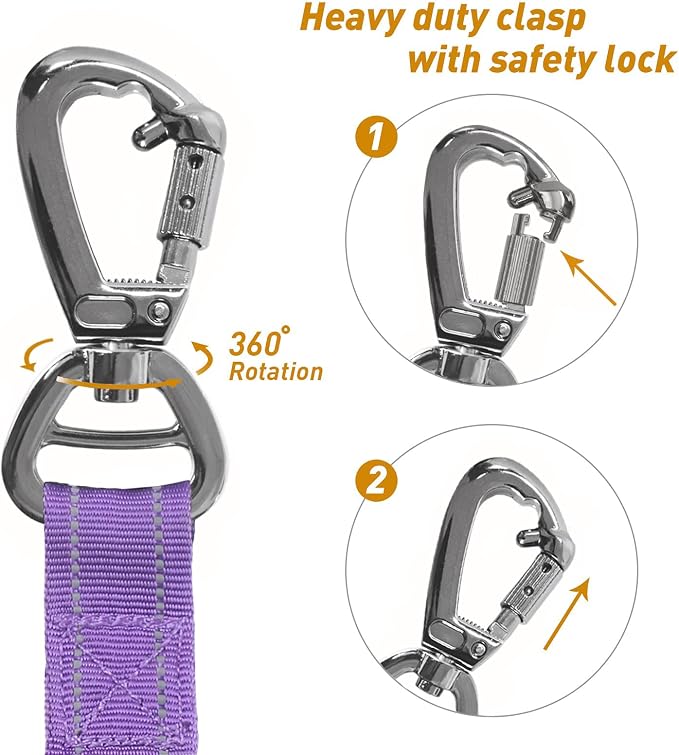 AUBELL Tactical Dog Leash Heavy Duty,4-6ft No Pull Bungee Leash,Purple | Reflective Dog Leash for Medium Large Dogs with Comfortable Padded Double Handle,Car Seat Belt,360 Degree Rotating Carabiner - Image 8