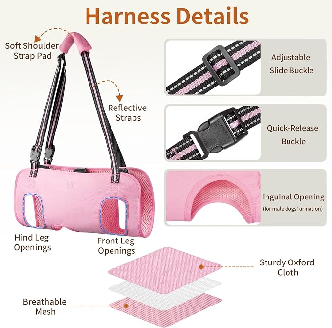 Full Body Dog Lift Harness, Support Senior & Disabled Dogs Walking | Help Up & Down Stairs Grooming, Dog Sling Backpack, Front Hind Leg Joint Injuries, Reflective, Soft Padded Handle | Pink, L - Image 8