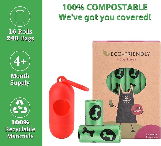 WDFAACK Biodegradable Dog Poo Bags with Holder-240 Large Poop Bags, Corn Starch Blended Compostable Poo Bag, Extra Thick Strong Leak Proof Poop Waste Bag for Dogs (Green) - Image 2