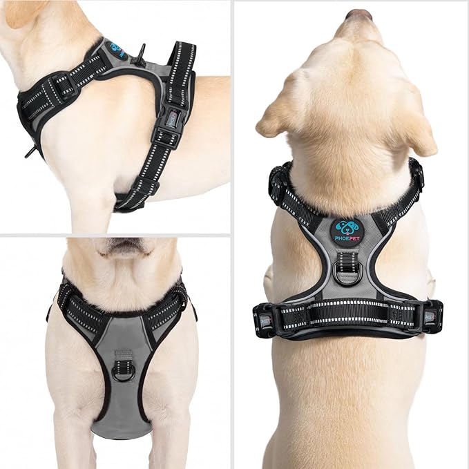 No Pull Dog Harness Medium Reflective Front Clip Vest with Handle | Adjustable 2 Metal Rings 2 Buckles(M, Grey) - Image 2