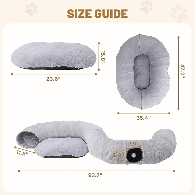 Extra Large Cat Tunnel, 47.2in Multi-Cat Family Big Cat Tunnel for Cats | Long Cat Tunnel Bed with Washable Plush Mat, XXL Pet Play Tunnel Toy for Cats, Puppy, Rabbits Grey - Image 5