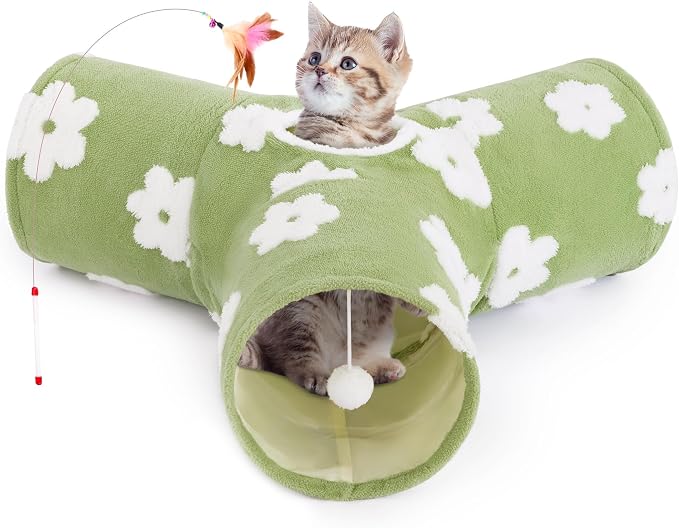 Tempcore Flannel Cat Tunnel for Indoor Cats, 3 Way Collapsible Pet Play Tunnel with Teaser Wand, Peek Holes & Hanging Ball, Interactive Tube for Kittens & Rabbits, Daisy Green by Tempcore