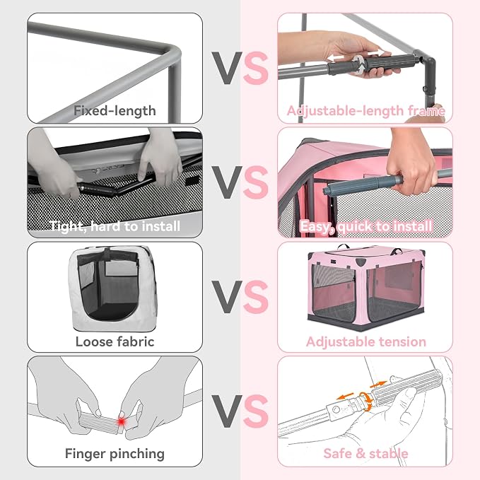 PETSFIT 30" Soft Portable Dog Crate – Patented Spiral Sturdy Frame, Collapsible Travel Kennel for Medium Dogs, 3 Mesh Door, Lockable Zippers, Indoor & Car Use Pink - Image 4