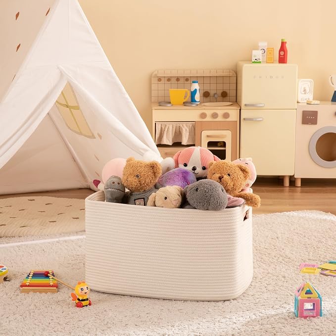 OIAHOMY XXLarge Rectangle Blanket Basket-96L, Cotton Woven Basket for Storage, Dirty Clothes Basket for Living Room, Nursery, Bedroom, Toy Organizing with Handle, 24" x 16" x 15", White - Image 8