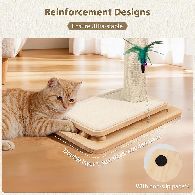 Cat Scratching Post with Sisal Mat and Wooden Base Indoor Scratcher | Stable cat scratch furniture with durable sisal post, scratch mat and hanging ball, protects furniture, easy assembly - Image 4