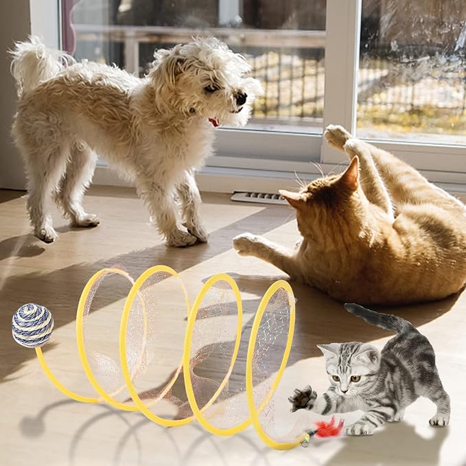2-Pack Large Cat Tunnel Beds - Indoor & Outdoor,Kitten Collapsible Spring Tunnel Toy with Feather and Bell,Interactive Spring Toys for Cats & Kittens（Yellow） - Image 7