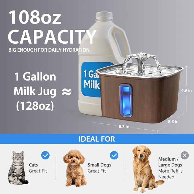 Veken Innovation Award Winner Stainless Steel Cat Water Fountain, 108oz | Automatic Pet Fountain Dog Water Dispenser with Replacement Filters & Silicone Mat for Cats, Dogs (Walnut Brown) - Image 4