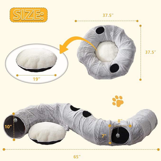 WINDRACING Cat Tunnel Bed for Indoor Cats - Cute Cat Donut Tunnel with Washable Circle Cushion, Round Pet Play Toy for Kitten/Puppy/Rabbit, Grey - Image 2