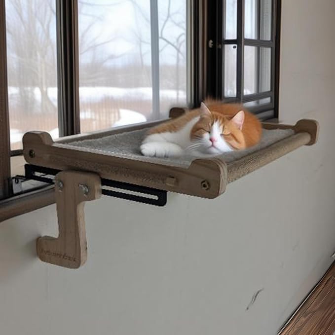 No Suction Cup Cat Window Perch, Adjustable 40lbs Heavy Duty Cat Hammock, Sturdy No-Drill Window Seat for Large Cats, Wood & Metal Frame Bed for Sills with Tracks - Image 7