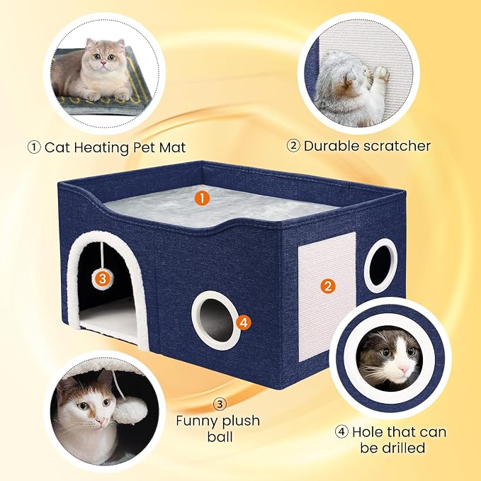 Indoor Heated Cat House, Adjustable Temperature Cat Heating Bed with Timer and Chew Resistant Cord, Large Cat House with Heating Pad for Small Medium and Large Cats - Image 3