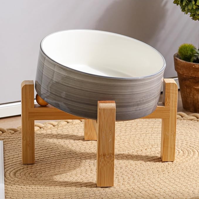 Elevated/Raised 15°Tilted Anti Slip Ceramic Dog Bowl for Small/Medium Breeds,Slanted Bulldog Big Face Pet Food Water Feeding Dish with Stand for Cats and Dogs (3.6 Cups/28 OZ) Grey White - Image 6