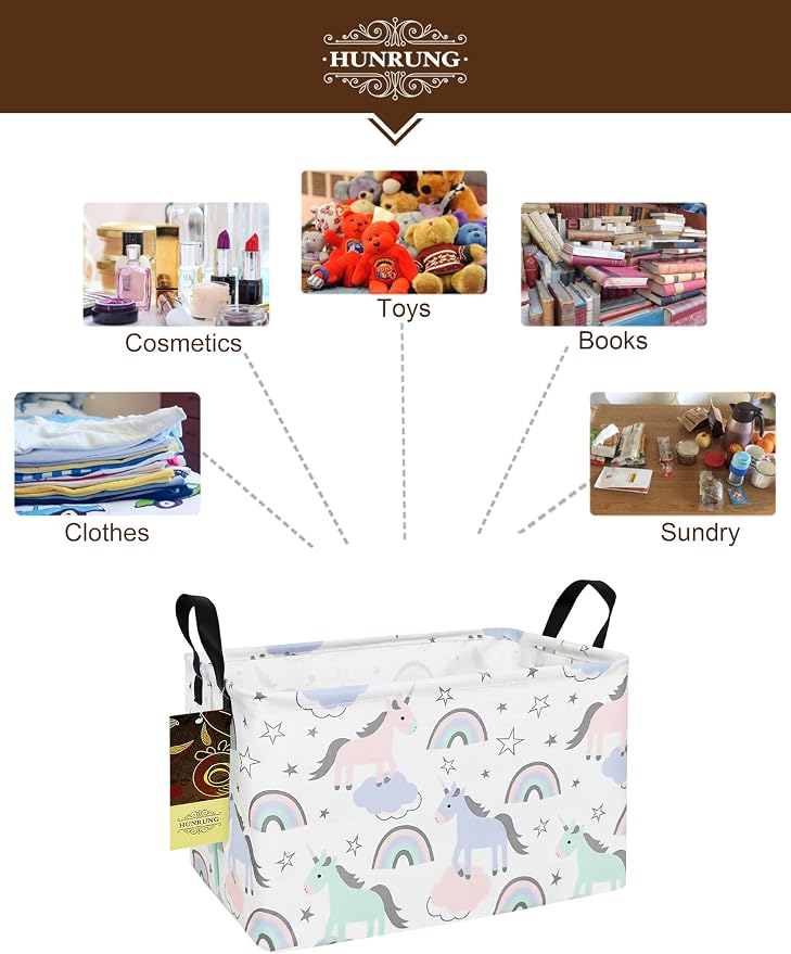 Rectangle Canvas Foldable Storage Basket for Nursery, Star Unicorn | Portable and collapsible cloth receptacle. Stores pet essentials, daily use items - Image 3