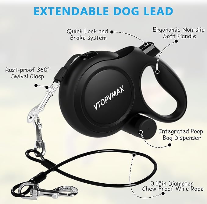 26Ft Retractable Dog Leash for Medium/Large Dogs up to 110lbs, Strong Heavy Duty Retractable Leash with Chew-Proof Cable, 360 Tangle Free, One Hand Brake Lock & Poo Bag Holder (Black) - Image 5