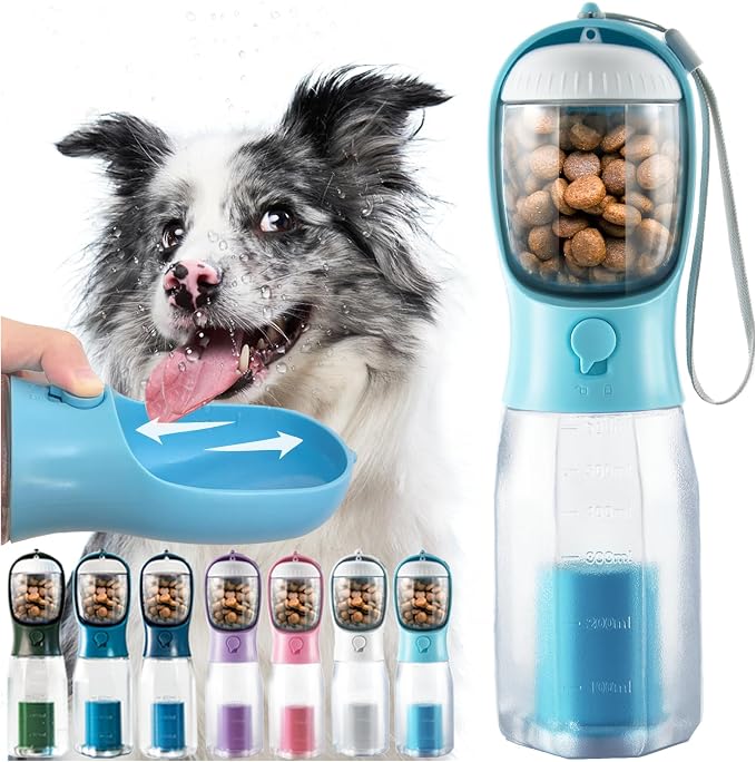 Portable Water Bottle for Dogs, 3 in 1 Pet Travel Bowl Dispenser with Food Treat Container & Poop Bag Holder, Summer Outdoor Walking Hiking Accessories for Large Dog On The Go - Blue, 20oz by MoonyMars