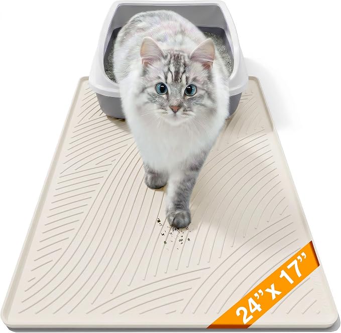 Cat Litter Box Mat - SM Small Medium Size 24 x 17 in, Water Proof, Kitty Litter Trapping Mat, Easy to Clean, Scatter Control, Odorless, Pet Supplies for Indoor Cats, Warm Beige by BANLYEO