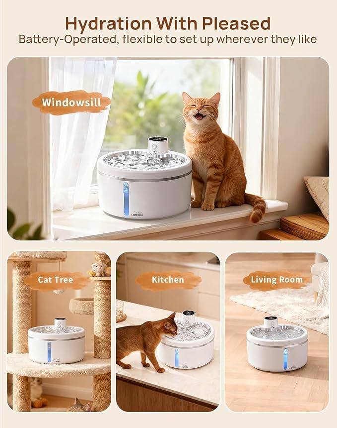 Wireless Cat Water Fountain [with Stainless Steel Tray], 84oz/2.5L Pet Fountain for Cats Inside, Cat Fountain for Drinking with Motion Sensor - Image 2