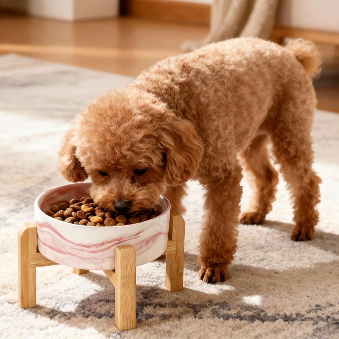Elevated/Raised Ceramic Dog Bowl with Bamboo Stand,Marble Pattern 6 Inch 3.6 Cups Non Slip Heavy Weighted Single Pet Dish, for Small Medium Breed & Cats,Reduces Neck Strain Marble Pink - Image 7