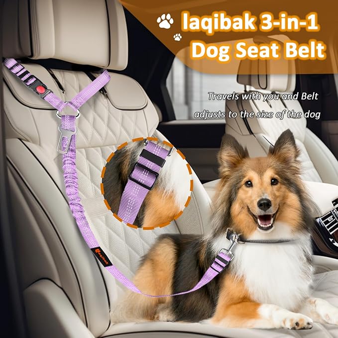 Laqibak Removable Dog Seat Belt Harness for Car, 3 in 1 Pet Seatbelt Leash | Retractable Headrest-Mounted,Restraint & Adjustable Reflective Bungee Dog Seatbelt Tether,Purple and Black - Image 2