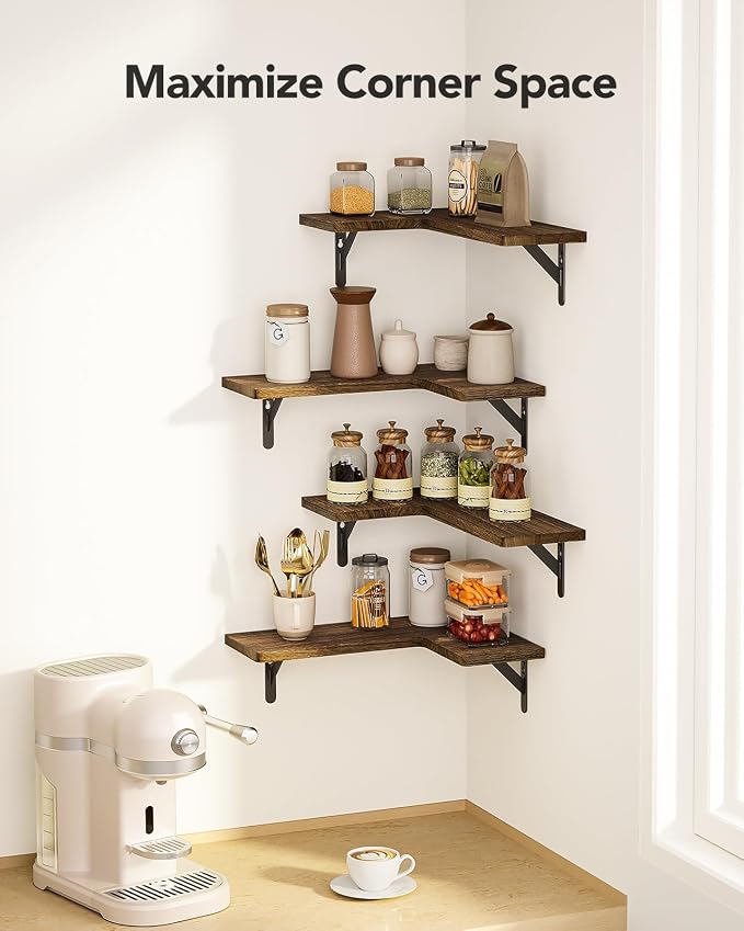 Amada Corner Floating Shelves, Paulownia Wood, Set of 4, Brown | Corner Wall Shelves with Triangular Metal Bracket, 44 lbs Capacity per Shelf, L-Shaped Design for Home Decor, Office, Bedroom - Image 4