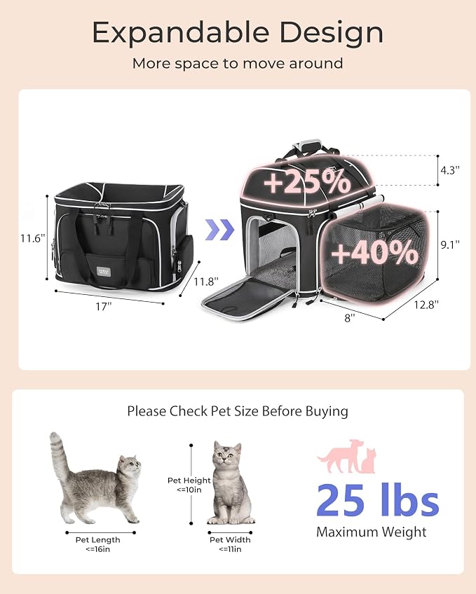 Expandable Pet Carrier: NOBLE DUCK Soft-Sided Cat Dog Carrier 17x11.8X(11.6+4.3) Inches Small Medium Cats Dogs Portable Travel Carrier Up to 25 Lbs Black - Image 2