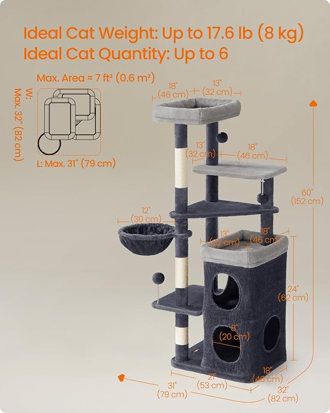 Feandrea Cat Tree Indoor, 60" Multiple-Level Plush Cat Tower, Dark Gray | 2 Caves, 3 Steps, 3 Scratching Posts, 3 Ball Toys, Cat Condo House for Large Adult Cats, UPCT007G02 - Image 5