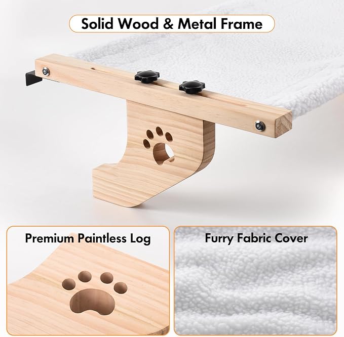 AMOSIJOY Cat Windowsill Perch with Wood & Metal Frame for Large Cat, 24.4in | Solid Wood Frame, Easy to Adjust, Washable Berber Fleece Cover, No Suction Cups Cat Window Seat for Windowsill, Bedside - Image 5