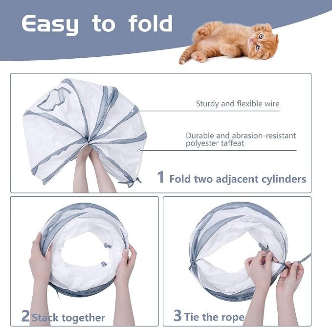 Sheldamy Cat Tunnel, S-2-Way Cat Tunnels for Indoor Cats, Collapsible Cat Play Tunnel, Interactive Toy Maze Cat House with 1 Play Ball for Cats, Puppy, Kitty, Kitten, Rabbit (White & Gray) - Image 4