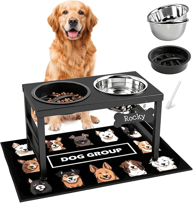 ADENGL 10" Elevated Dog Bowls – Metal Raised Dog Bowl Stand with 2 x 1700ml Stainless Steel Bowls, 1 Slow Feeder & Non-Slip Mat for Dogs by ADENGL