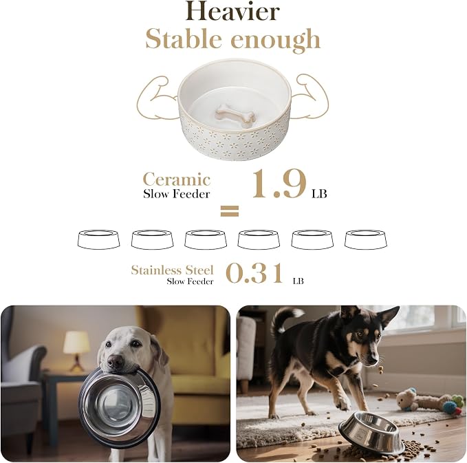 MALACASA Ceramic Dog Food Bowl, Water Dish for Medium Breeds, 3.5 Cups | Five-Leaf Grass Pattern, Ceramic Pet Bowl, Food and Water Dish, Dishwasher and Microwave Safe, for Medium Dogs - Image 5