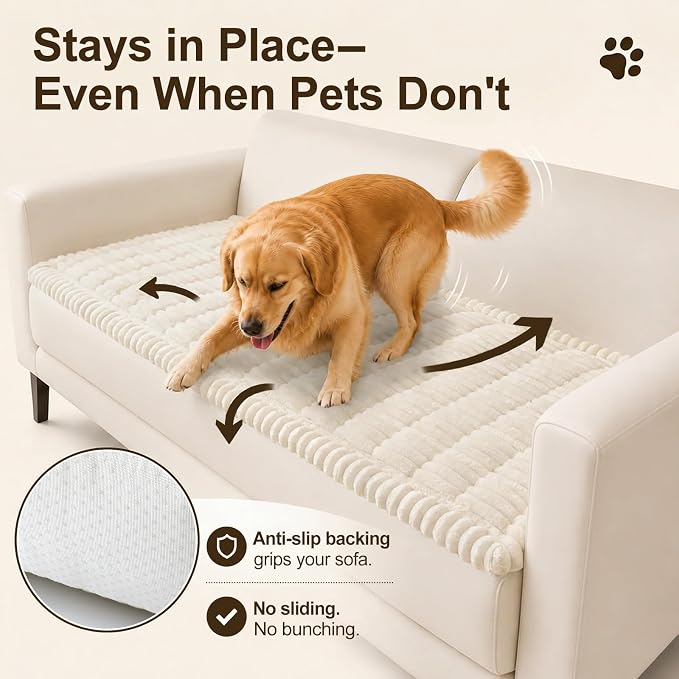 decorUhome Couch Cover for Dogs, Non Slip Fuzzy Thick Pet Sofa Protector | Pet Friendly, Machine Washable, Fits 4-Cushion Sofa, Protects Against Pet Hair, Scratches & Daily Messes, White, 27.6" x 88" - Image 3