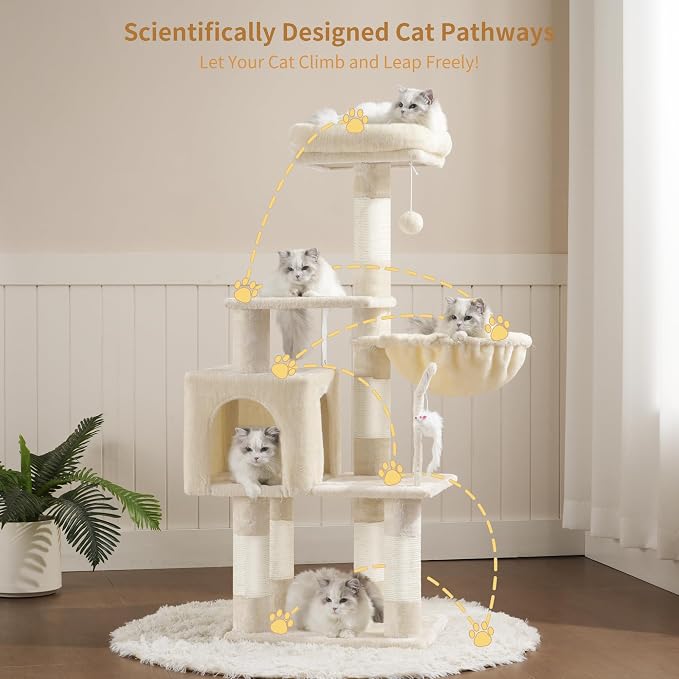 Heybly Cat Tree with Toy, 43.3 inch Cat Tower for Indoor Cats HCT004SM | Cat Condo with Durable Sisal Scratching Posts, Cat House with Padded Plush Perch, Cozy Hammock, Beige - Image 7