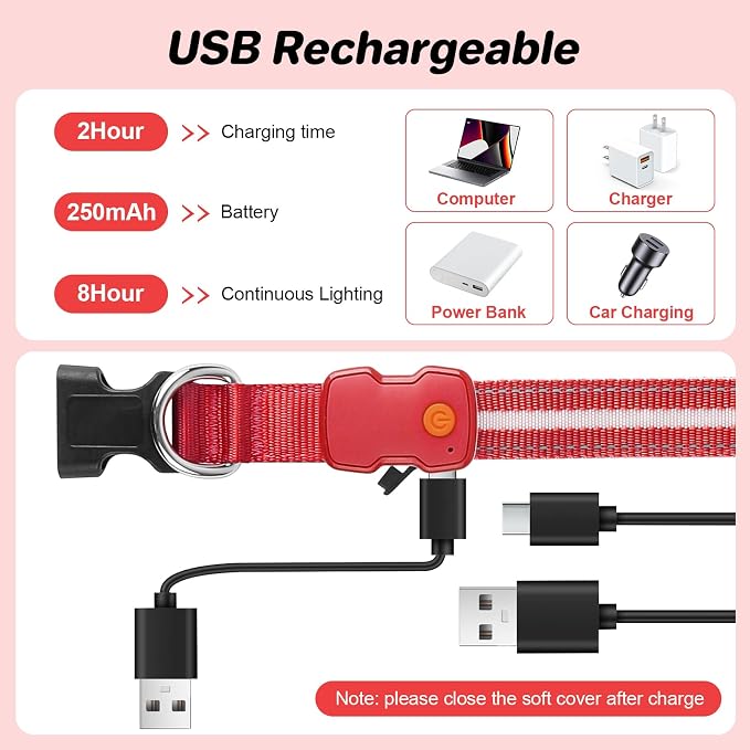 PcEoTllar Light Up Dog Collar, Glow in The Dark for Night Walking, Red, S | Led Dog Collar for Night Walking, 3 Flashing Mode, USB Charge, For Small Medium Large Dogs, Waterproof, Durable Material - Image 4
