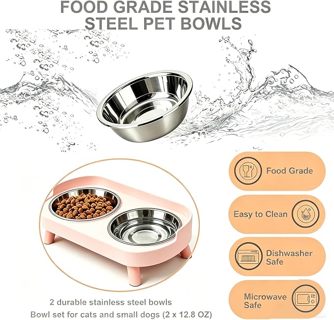 Elevated Dog Bowl, Raised Feeding Stand with Mat for Small Dogs Under 25 Lb | 2 Stainless Steel Pet Raised Bowls for Cats and Puppies, Splash Proof, Dishwasher Safe, with Stain-Resistant Quick-Dry Mat - Image 3