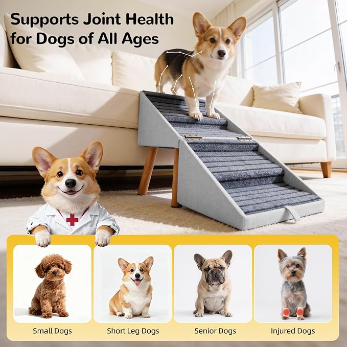 2-in-1 Dog Steps & Ottoman,17.13" H Dog ramp for Couch | Foldable Dog ramp for Small dogs, Non-Slip Wooden Pet ramp for Puppy Senior Injured Dogs (Light Grey) - Image 6