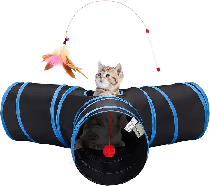 Tempcore Cat Tunnel for Indoor Cats, 3 Way Collapsible Pet Play Tunnel with Teaser Wand, Peek Holes & Hanging Ball, Interactive Tube for Kittens & Rabbits, Black & Royal Blue by Tempcore