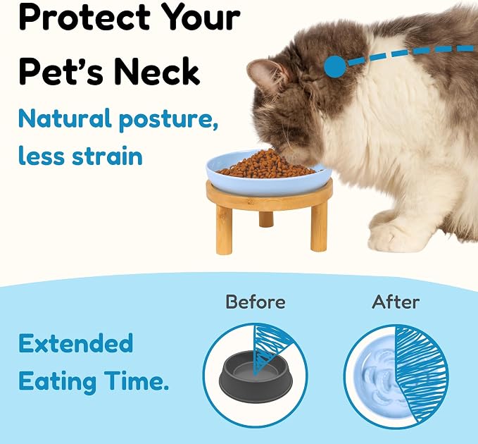 Slow Feeder Bowl, 6.3″ Elevated Cat Bowl with Stand, Melamine Wide Shallow Food Bowl, Whisker-Friendly Raised Plate, Wet Food Feeder for Slow Eating (Blue) - Image 2