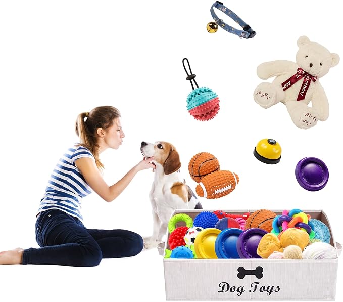 Linen-Cotton Blend Dog Toy Basket,Collapsible Dog Toy Box,Dog Toy Bin Storage-Perfect for Organizing Pet Toys,Blankets,Leashes,Rope Toys,Clothing - Beige - Image 2