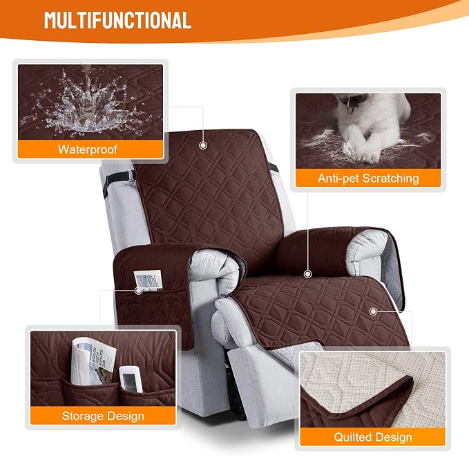 VANSOFY 100% Waterproof Recliner Chair Covers Washable, Coffee, 22" | Non-Slip, Slipcover with Pocket, Furniture Protector, Elastic Straps, Chair Cover for Pets, Dogs - Image 7