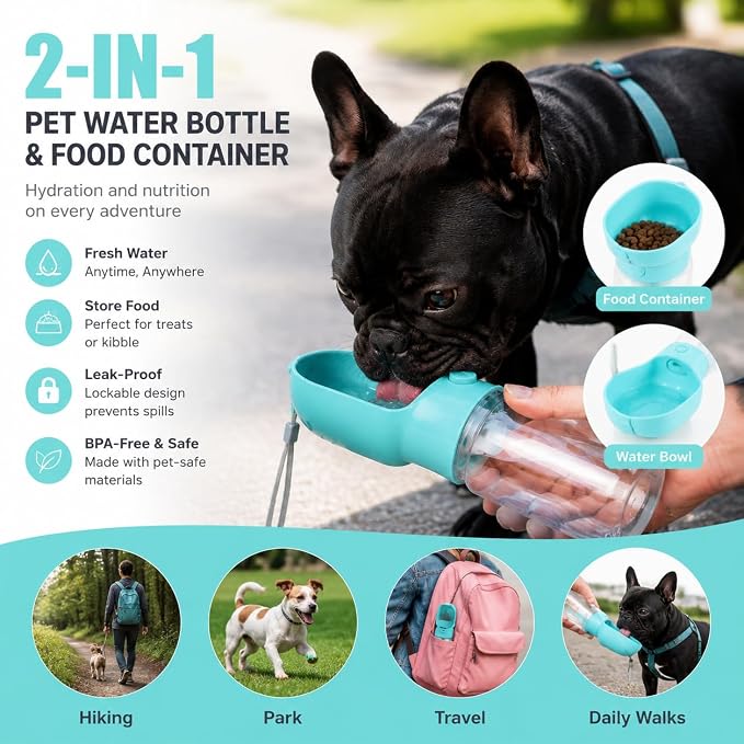 2-in-1 Dog Cat Portable Water & Food Travel Dispenser Bottle(Pink) | 2-in-1 travel pet cup with 500ml water & 180ml food storage, leak-proof portable feeder for dog cat walking hiking trips - Image 8