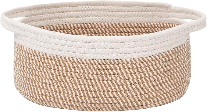 JMvicyroam Small Woven Basket, Empty Gift Basket, White&Brown Block/1 Pack | Small Gift Basket, Cotton Rope, 12 x 8 x 84 in, Handles, Includes Ribbon and Bag, Birthday Gift Basket by JMvicyroam