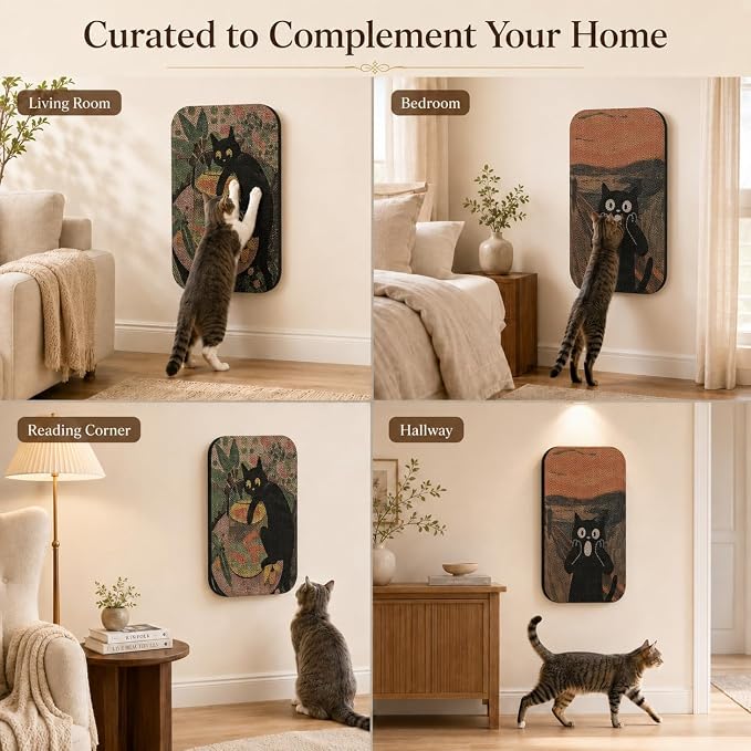 2 Pack Cat Wall Scratcher, Art Cat Scratching Board for Cats | Wall Mounted Cat Scratch Pad, Water-Based Ink, Hook&Loop Strips, Floor or Wall Use, 16.7x11x1 Inch, Goldfish & Scream - Image 8