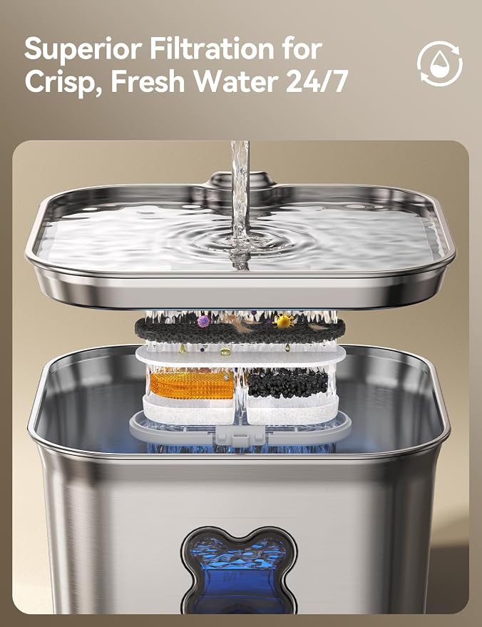 FEELNEEDY Cat Water Fountain, 304 Stainless Steel - 95oz/2.8L Faucet-Style Pet Drinking Fountain for Cats & Small Dogs, Ultra-Quiet <20dB, Dishwasher Safe, 4-Stage Filtration & Water Level Window - Image 3