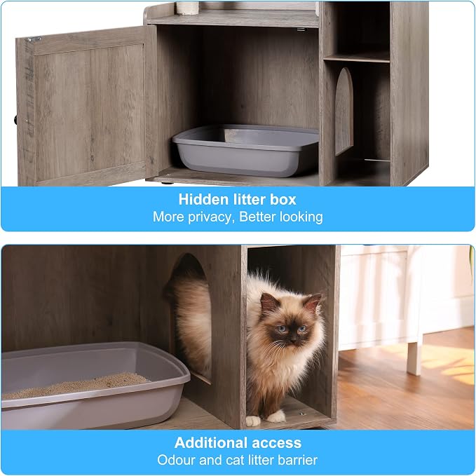 Hey-brother Cat Tree Tower, Food Station, XL Litter Box Enclosure, MPJ101SG | 48.81 Inches Wooden All-in-one Cat Furniture, Large Hammock, Bed, Scratching Posts, Big Basket for Indoor Cats, Rustic Gray - Image 7