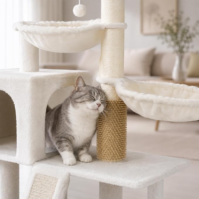 Smouatou Cat Tree with Cat Condo and Two Hammocks, Cat Tower with Scratching Posts and Scratching Pads Cat Toys, Beige - Image 3