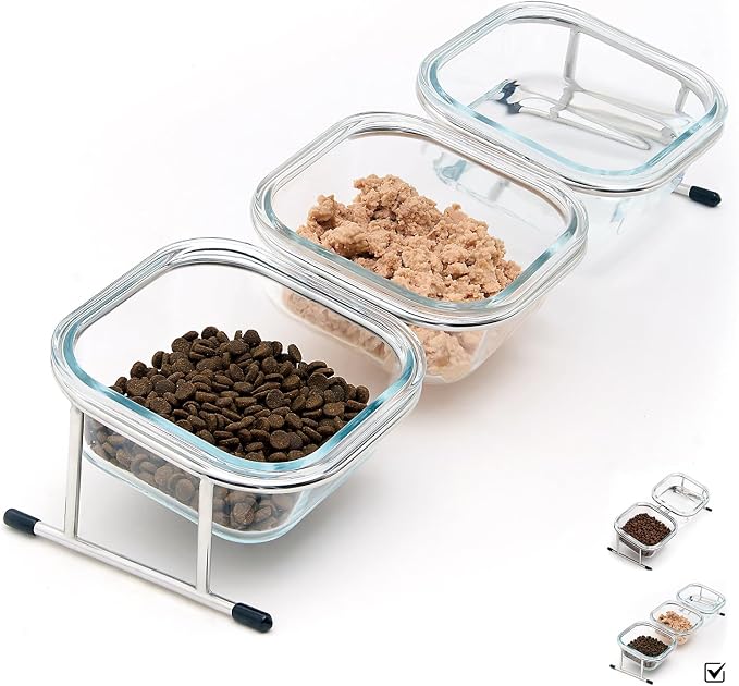 Elevated Cat Bowls, 15° Tilted Glass Raised Cat Food and Water Bowl | Stainless Steel Stand, 3 Large Capacity Glass Cat Bowls and 4 Anti Slip Feet, Suitable for Cats and Little Dogs by Hannadepot
