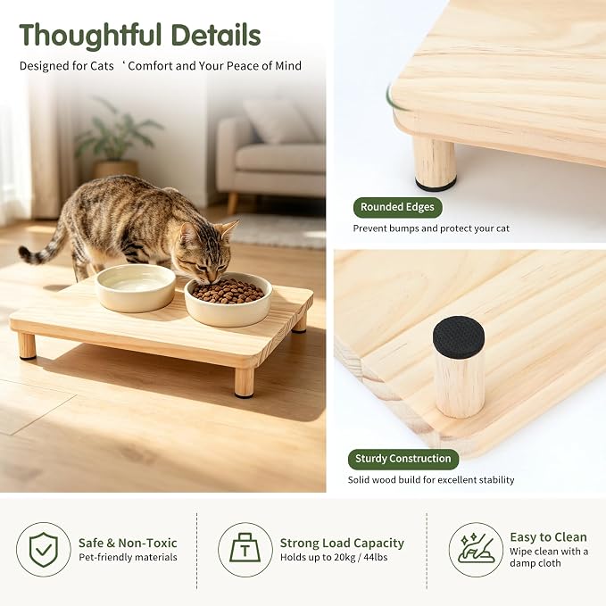 Extra Large Cat Food Stand, Wood Cat Feeder Stand 15.8 x 12.9 in | Cat Feeding Station, 2.56 in Raised Platform, Dual-Bowl Feeder & Water Dispenser Fit, Solid Wood, Tool-Free Assembly - Image 6