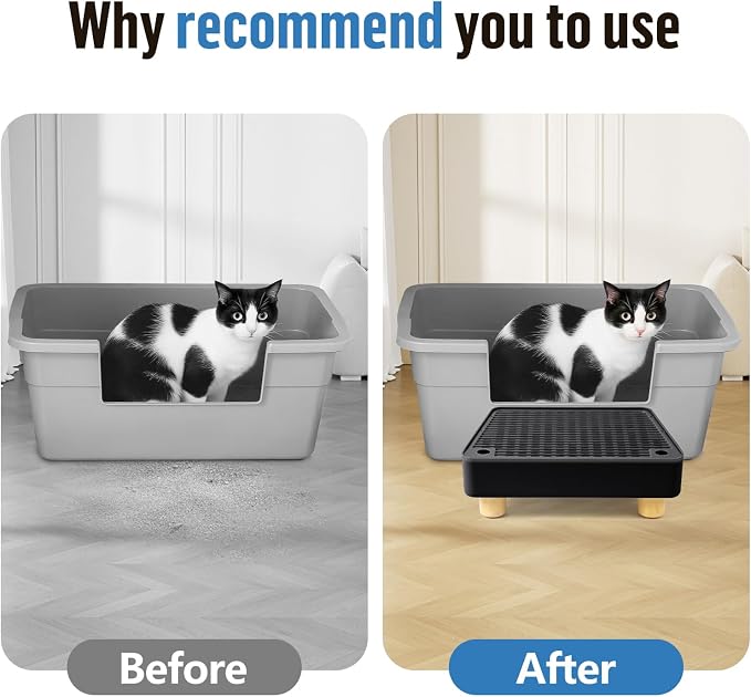 Extra Large Cat Litter Box Step Ramp, Cat's Litter Catcher Mat with Wooden Feet, Filter Function, Pedal Stool for Self-Cleaning Cat Litter Box, Ideal for Kitten & Elderly Cats (Black) - Image 6