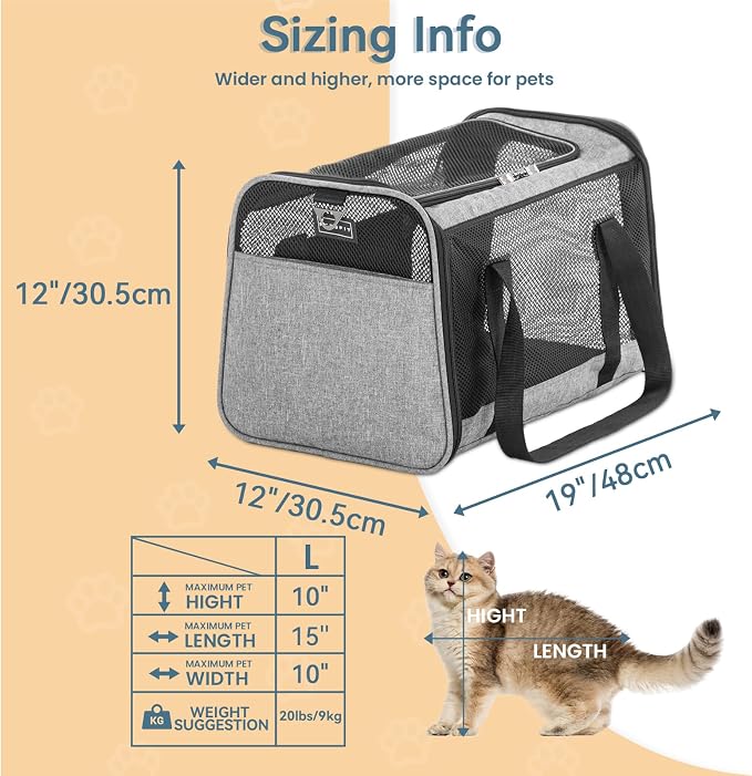 PETSFIT Large Cat Car Carrier,19 x 12 x 12 | Roomy Escape-Proof Cat Car Seat, Safe Driving, Lockable Zippers & Safety Tether, Soft-Sided Travel Carrier - Image 2