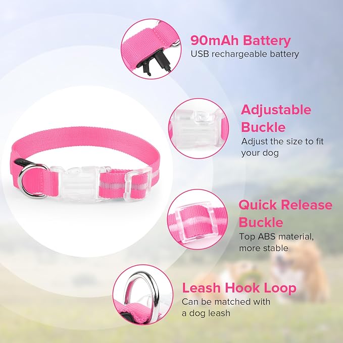 LED Dog Collar, Light Up Dog Collar USB-C Rechargeable Waterproof | 360° Visibility Light Up Dog Collar, Adjustable Nylon Collar with 3 Modes for Small Medium Large Dogs Night Walk Pink S - Image 6